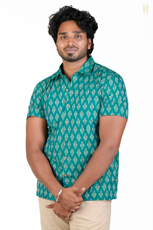 Regular Collar Printed Design Green Ikat Cotton Shirt
