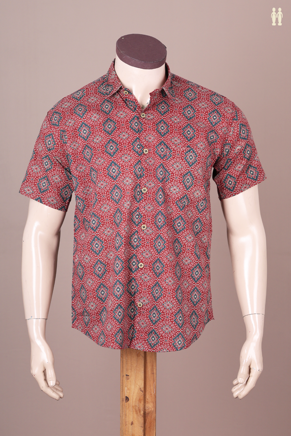 Regular Collar Printed Design Red Cotton Shirt