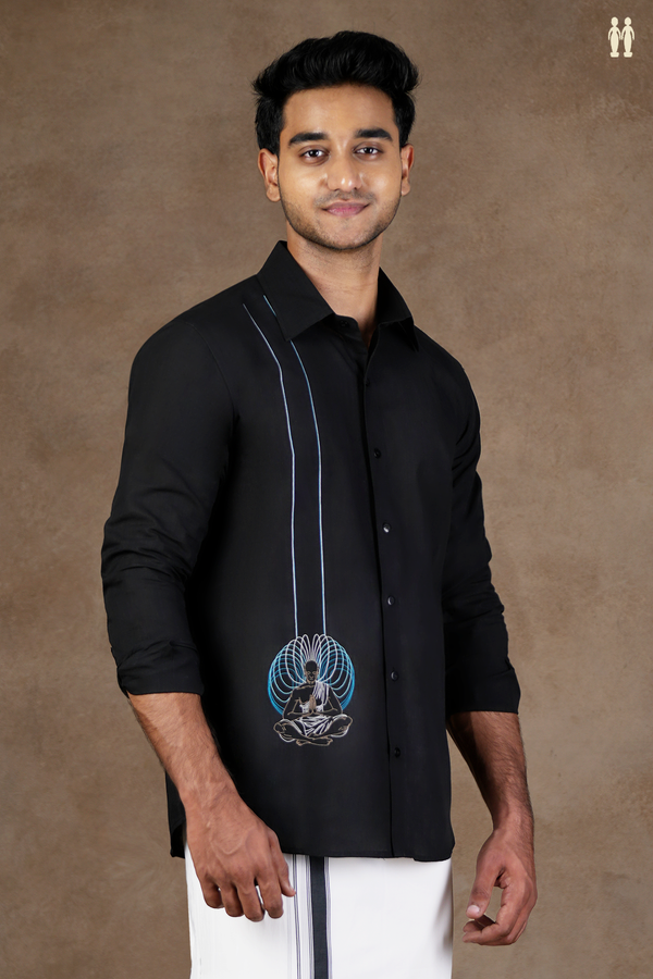 Regular Collar Embroidered Design Black Cotton Shirt