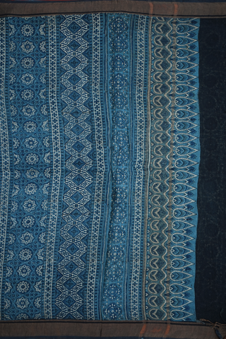 Lotus Printed Motifs Dusty Blue Ajrakh Printed Linen Saree