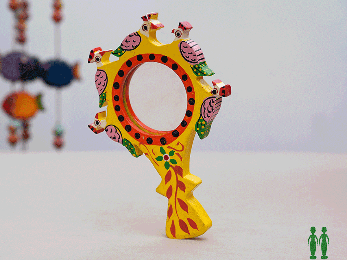 Wooden Handicraft Yellow Small Mirror With Handle