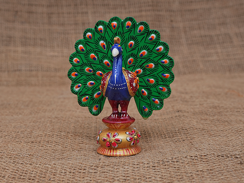 Set Of 2 Small Size Wooden Peacock Statue For Showpiece