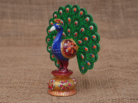 Set Of 2 Small Size Wooden Peacock Statue For Showpiece