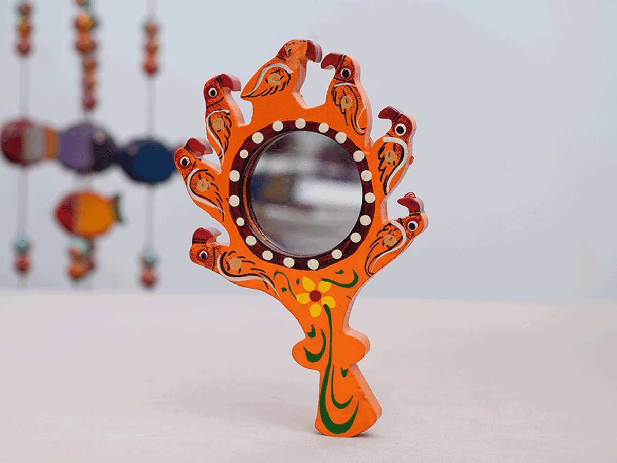 Wooden Handicraft Orange Small Mirror With Handle