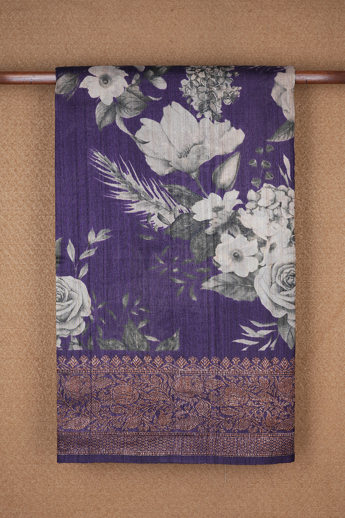 Floral Printed Regal Purple Tussar Banarasi Silk Saree
