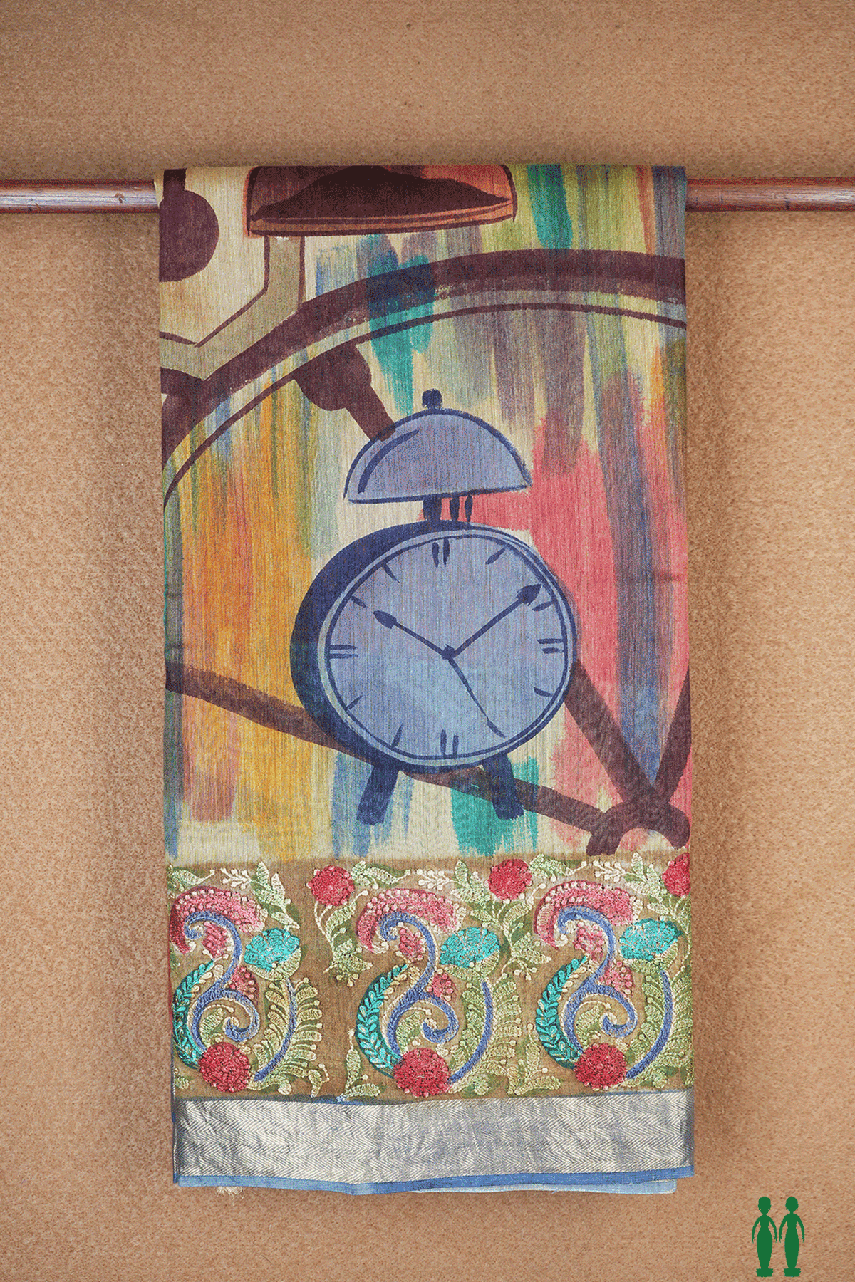 Clock Printed Design Multicolor Chanderi Silk Cotton Saree