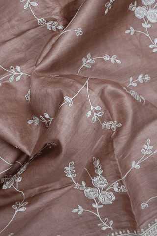 Floral Embroidered Design Dusty Brown Tussar Silk Saree