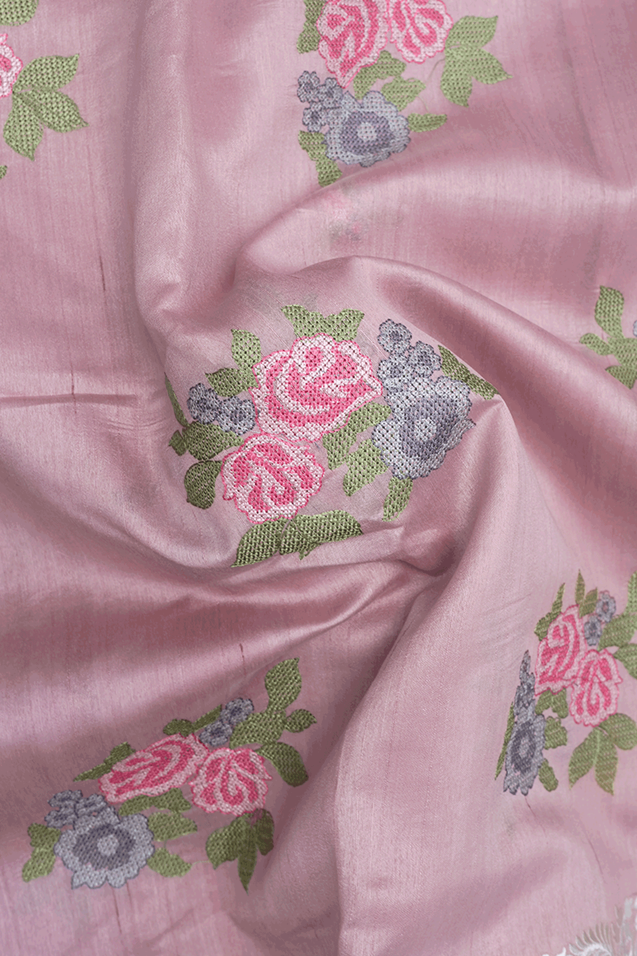 Floral Embroidered Design Wild Rose Semi Tussar Silk Saree