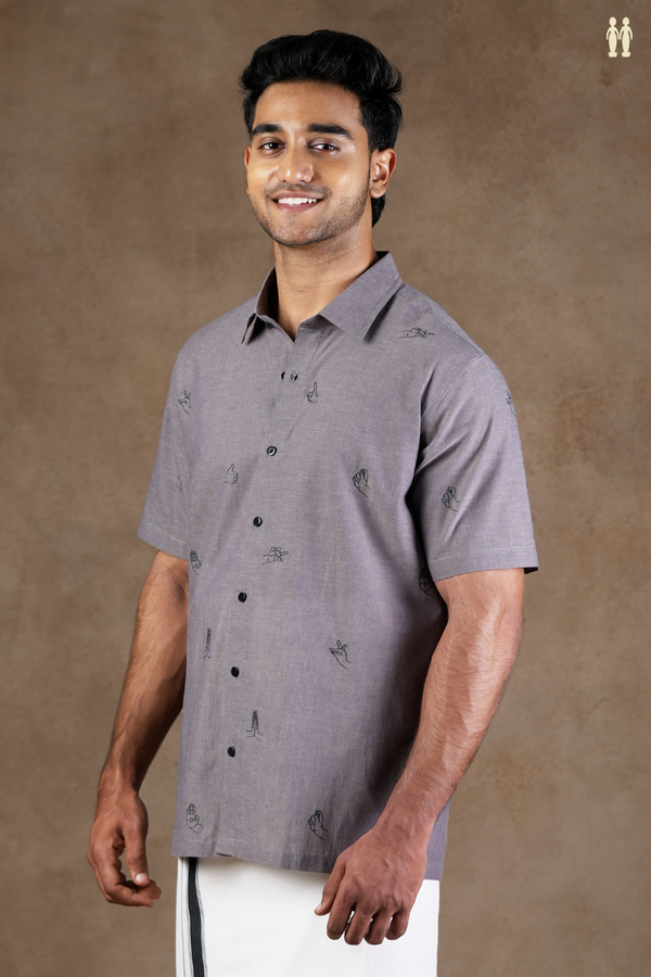 Regular Collar Embroidered Design Grey Cotton Shirt
