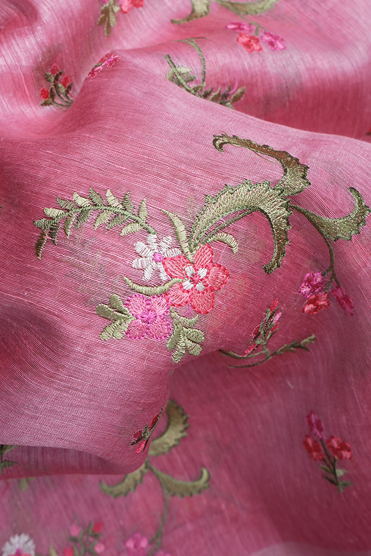 Floral Threadwork Design Pink Linen Saree