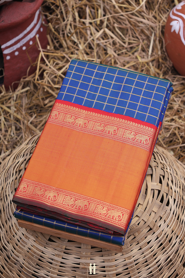 Kanchipuram Silk Saree In Prussian Blue With Checks Design