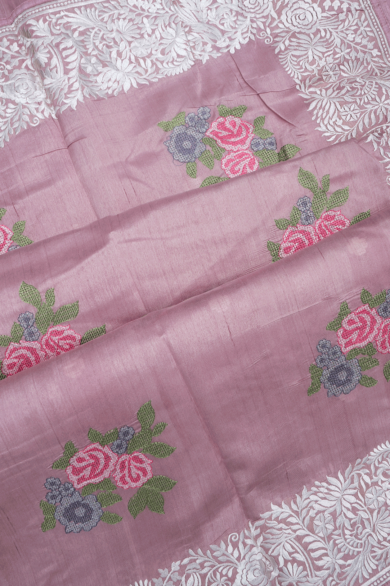 Floral Embroidered Design Wild Rose Semi Tussar Silk Saree