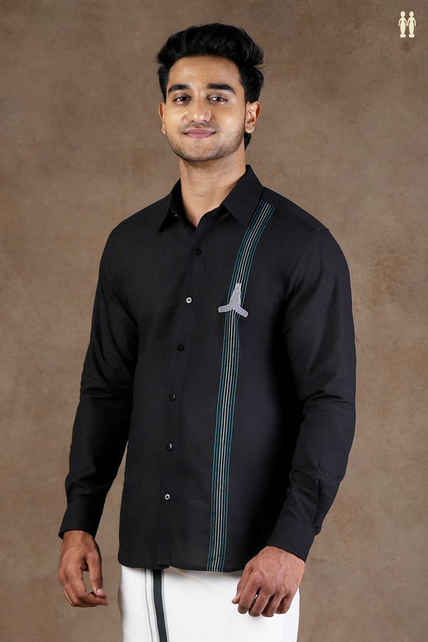 Regular Collar Embroidered Design Black Cotton Shirt