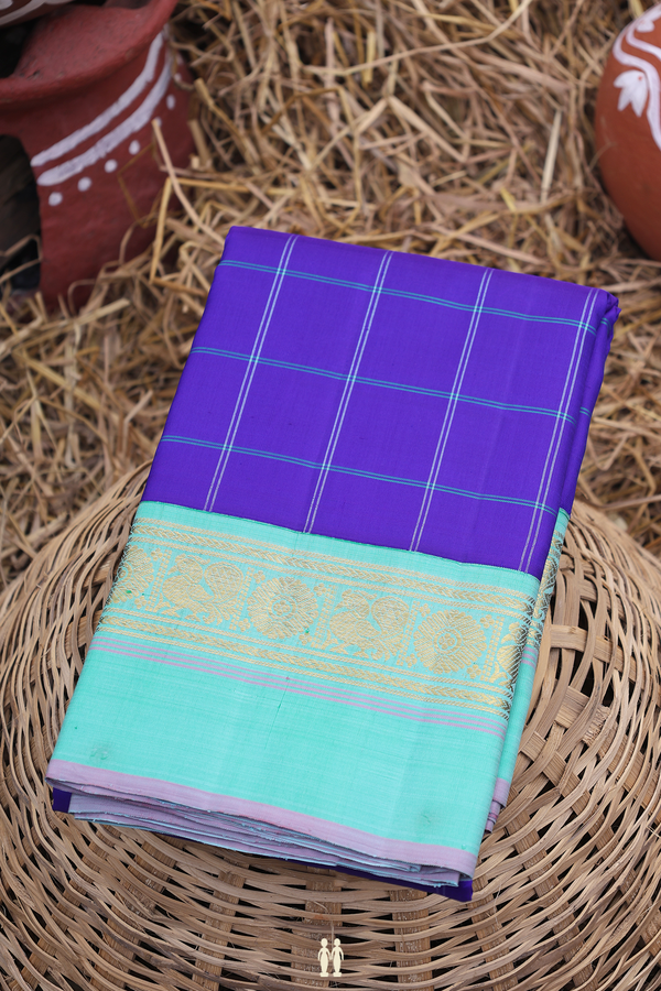 Kanchipuram Silk Saree In Indigo Blue With Checks Design