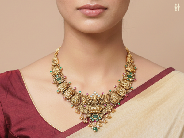 Antique Design Tri Color Stone Gold Plated Silver Necklace