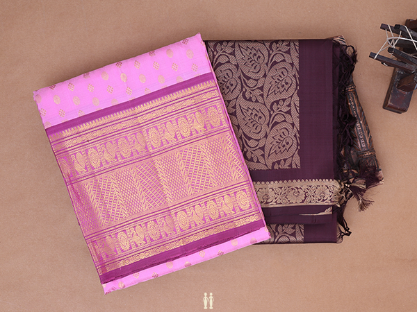 Zari Buttas Pink Kanchipuram Silk Half Saree Material