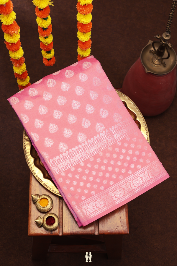 Raw Silk Saree In Blush Pink With Floral Buttas