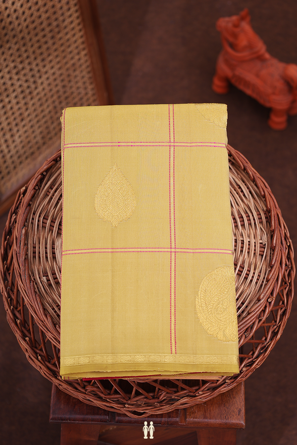 Kanchipuram Silk Saree With Golden Yellow With Checks Design