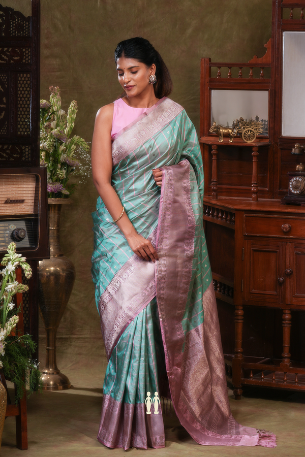 Banarasi Silk Saree In Dusty Green With Checks Design