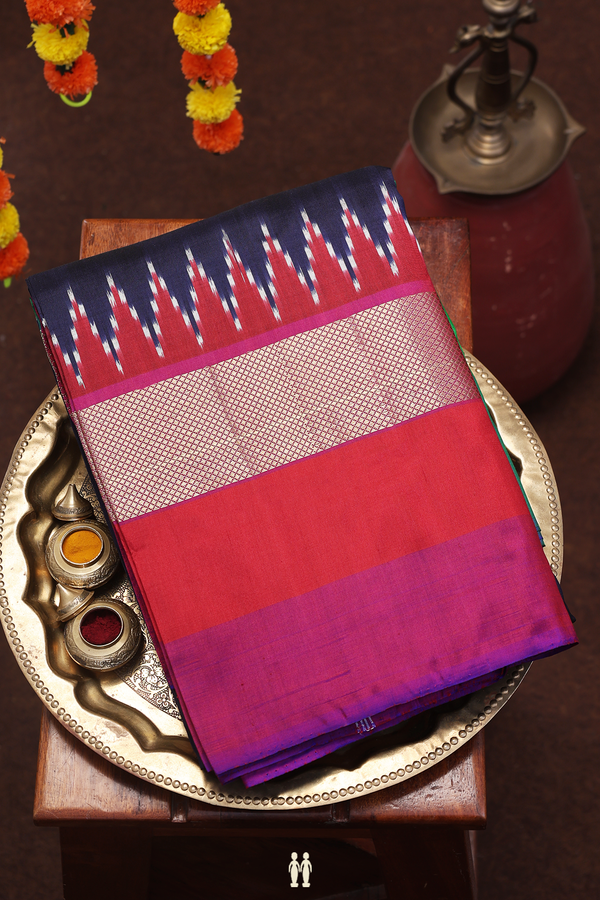 Pochampally Silk Saree In Navy Blue With Contrast Border