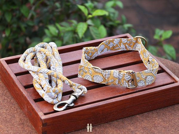 Yellow Cotton Dog Collar With Rope Set