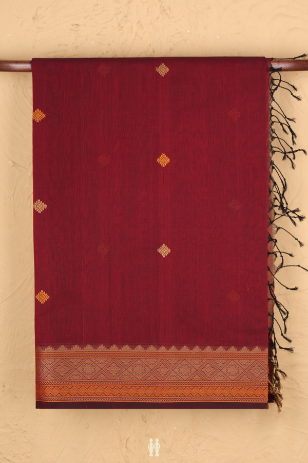 Coimbatore Cotton Saree In Ruby Red With Threadwork Buttas