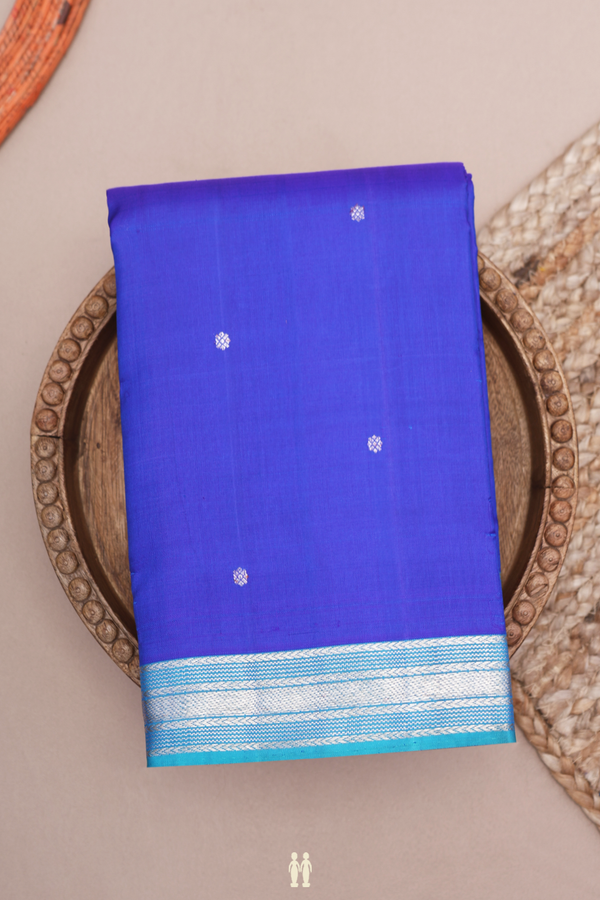 Kanchipuram Silk Saree In Indigo Blue With Floral Buttis