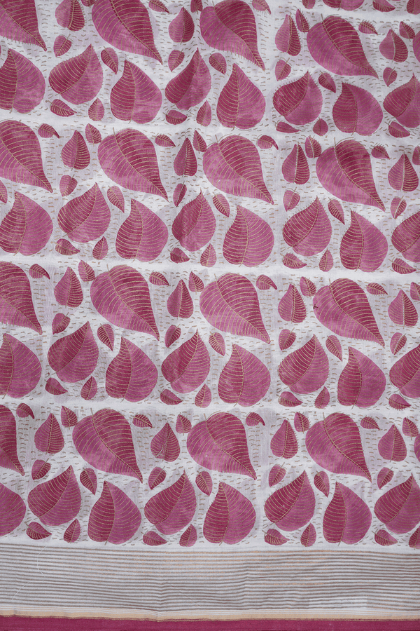 Leaf Printed Design Egg White Chanderi Silk Cotton Saree