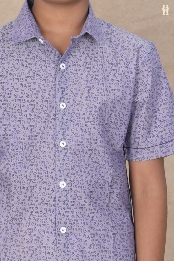 Regular Collar Tamil Letters Print Light Purple Cotton Shirt