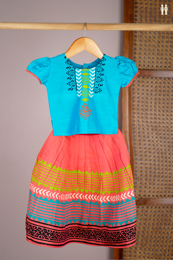 Printed Design Blue And Orange Readymade Pavadai Sattai