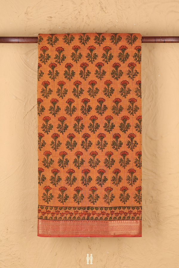Mangalagiri Cotton Saree In Orange With Floral Printed Design