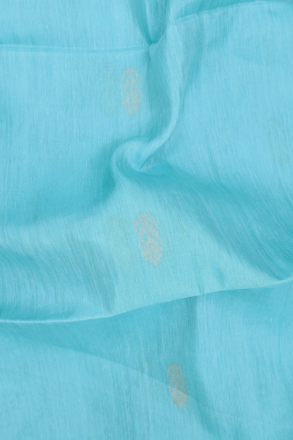 Linen Saree In Light Blue With Zari Buttas