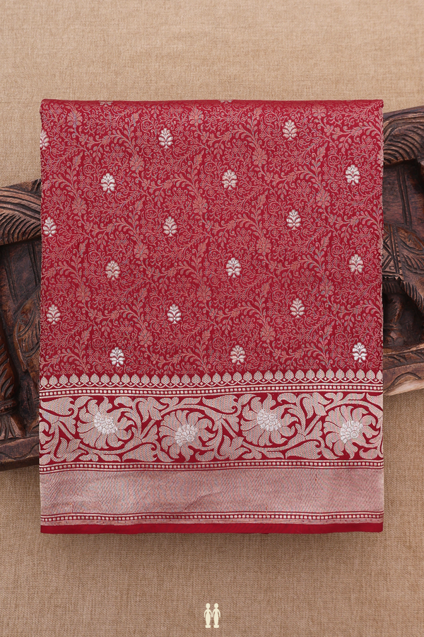 Banarasi Silk Saree In Ruby Red With Floral Design
