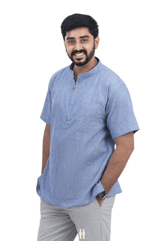 Chinese Collar Plain Blue Cotton Short Kurta
