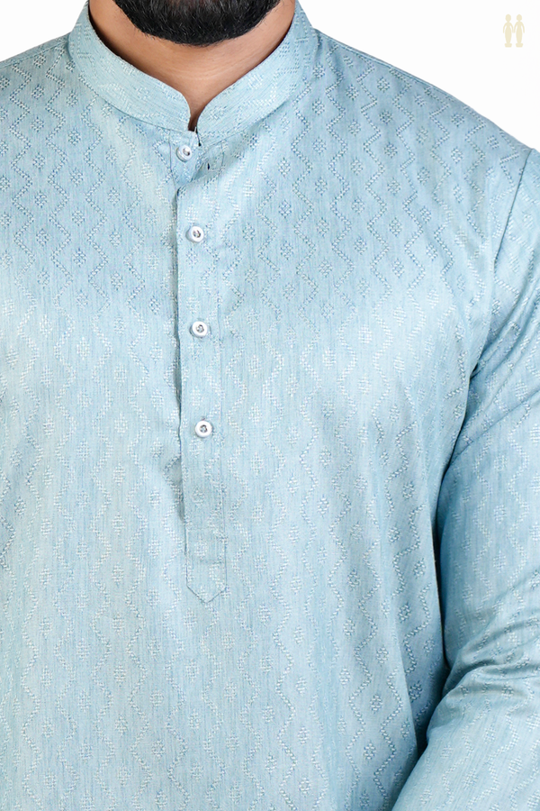 Chinese Collar Threadwork Design Turkish Blue Cotton Long Kurta