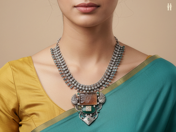 Emerald Stone With Oxidized Pure Silver Necklace