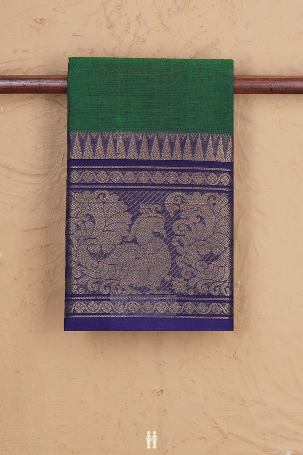 Chettinadu Cotton Saree In Forest Green With Peacock Border
