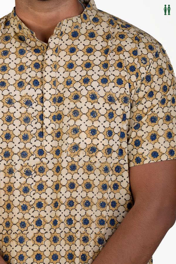 Chinese Collar Ajrakh Design Beige Cotton Short Kurta