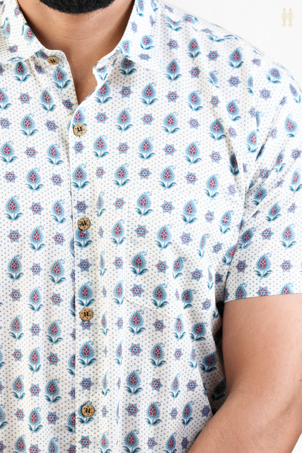 Regular Collar Printed Design White Cotton Shirt