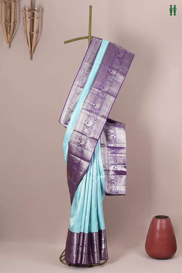 Kanchipuram Silk Saree In Sky Blue Tissue With Zari Design
