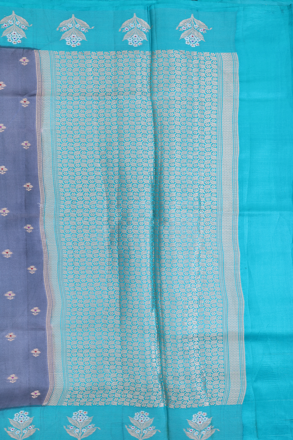 Raw Silk Saree In Grey With Floral Buttas