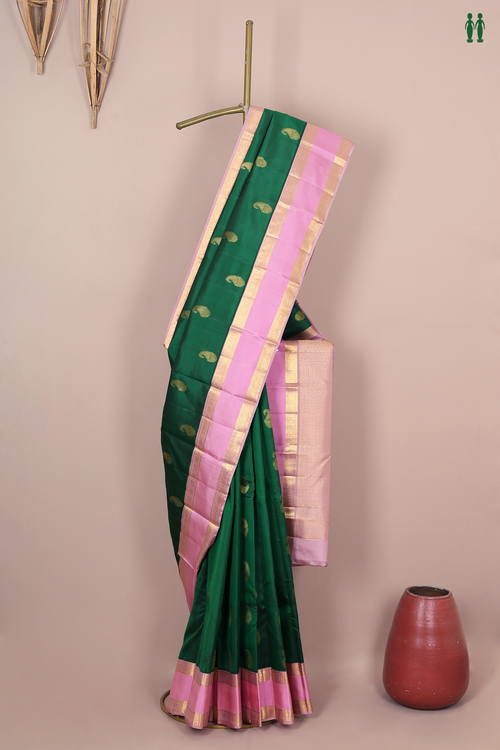 Kanchipuram Silk Saree In Forest Green With Paisley Buttas