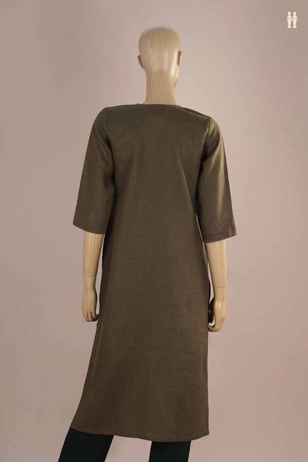 V-Neck Threadwork Design Cardamom Green Linen Long Kurta