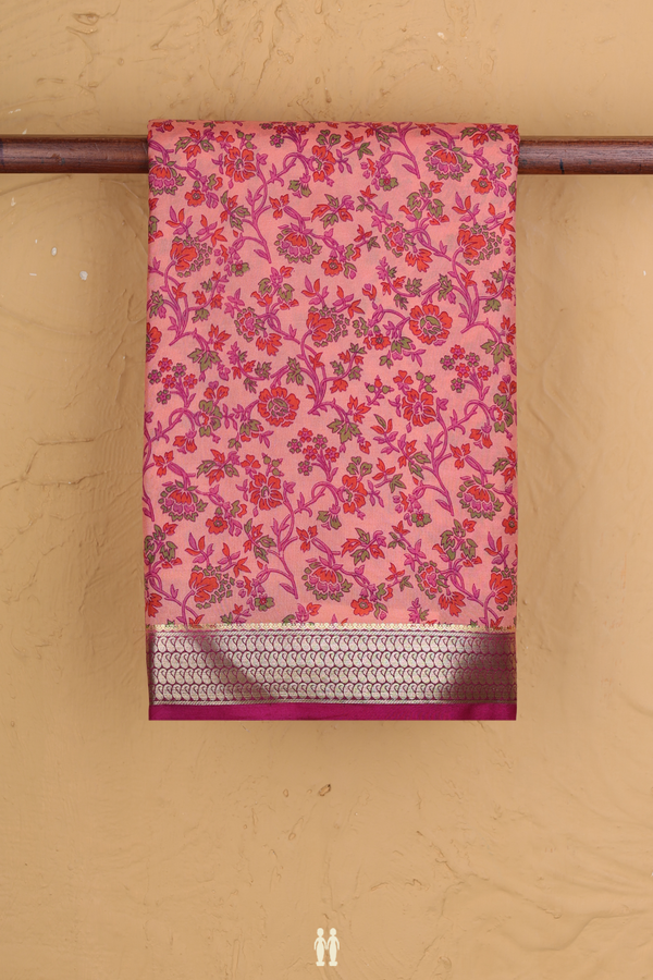 Printed Silk Saree In Peach With Floral Design