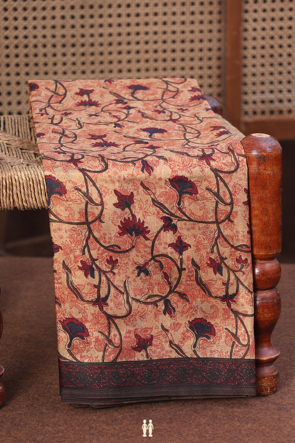 Printed Silk Saree In Tan Brown With Floral Design