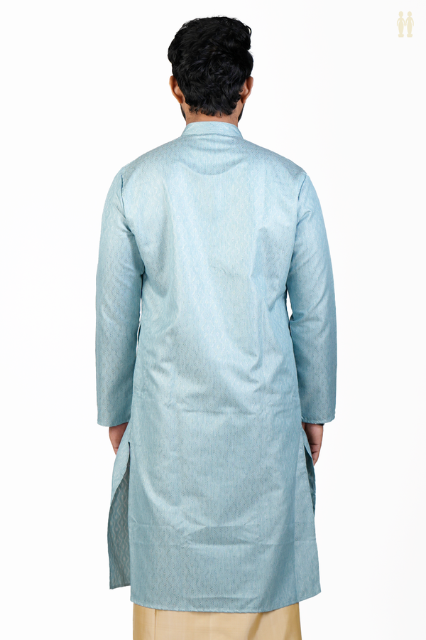 Chinese Collar Threadwork Design Turkish Blue Cotton Long Kurta