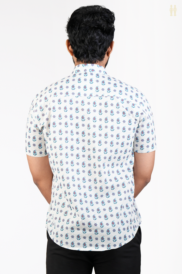Regular Collar Printed Design White Cotton Shirt