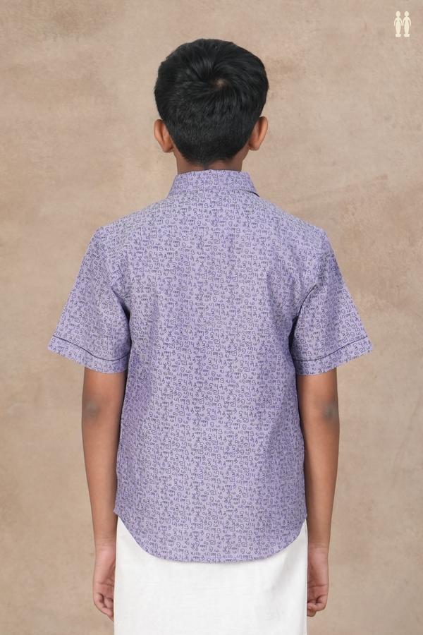 Regular Collar Tamil Letters Print Light Purple Cotton Shirt