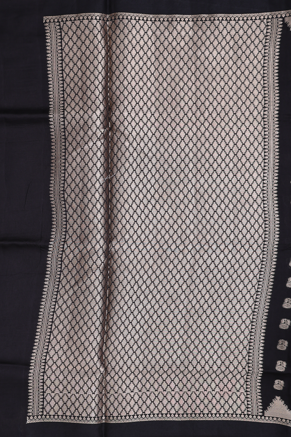 Raw Silk Saree In Black With Floral Buttas
