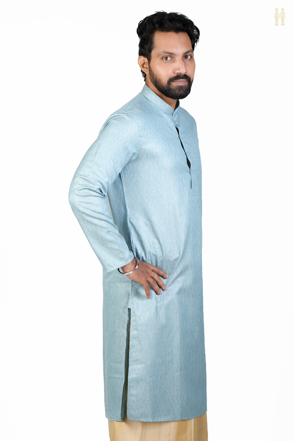 Chinese Collar Threadwork Design Turkish Blue Cotton Long Kurta